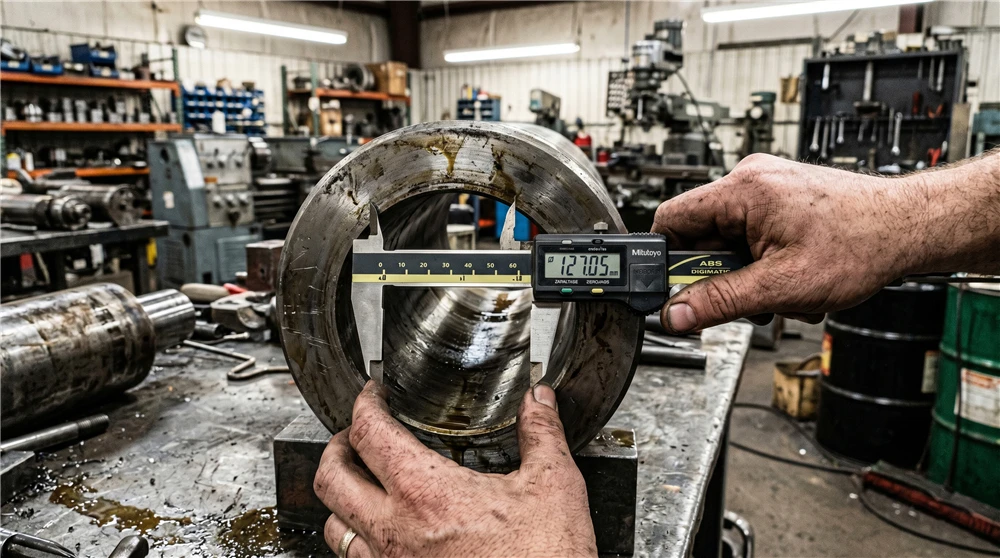 Using calibrated digital calipers to measure the exact inner bore diameter of a hydraulic cylinder barrel to prevent force calculation errors.