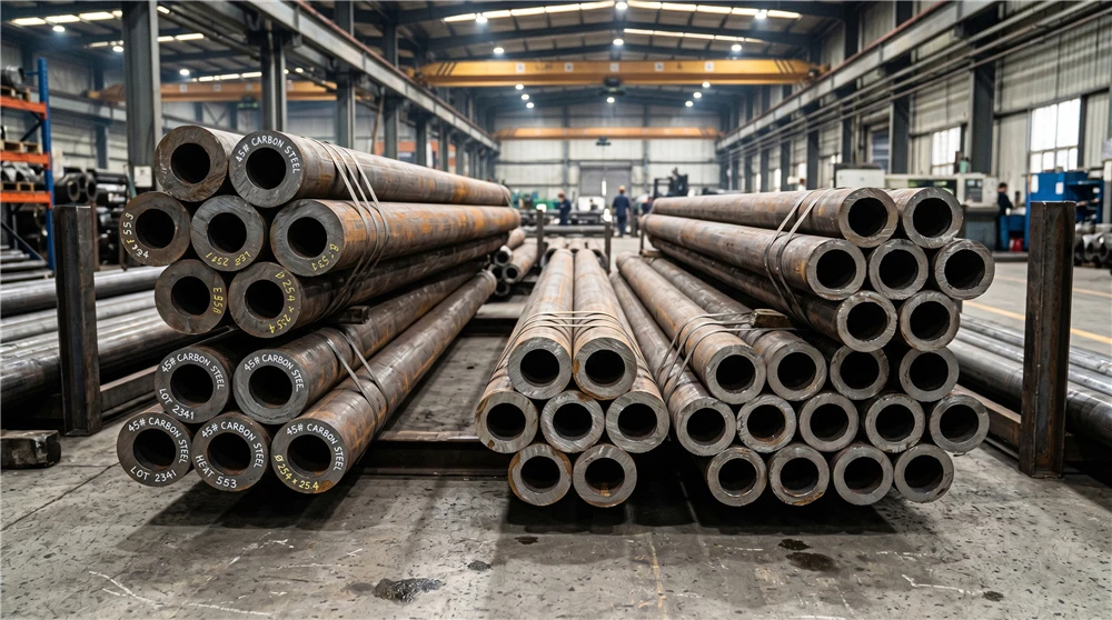 Thick-walled 45# carbon steel cylinder barrels stacked in the factory to resist extreme pressure spikes and prevent barrel bulge.