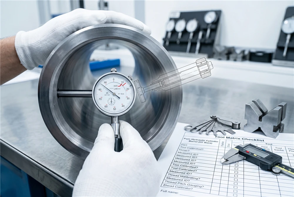 Quality control technician using a dial bore gauge to check internal cylinder barrel diameter against H7 tolerance limits