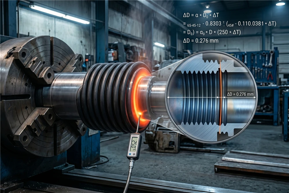 Visualization of the thermal expansion formula calculating a 0.276 mm clearance at 250 degrees Celsius for cylinder head removal