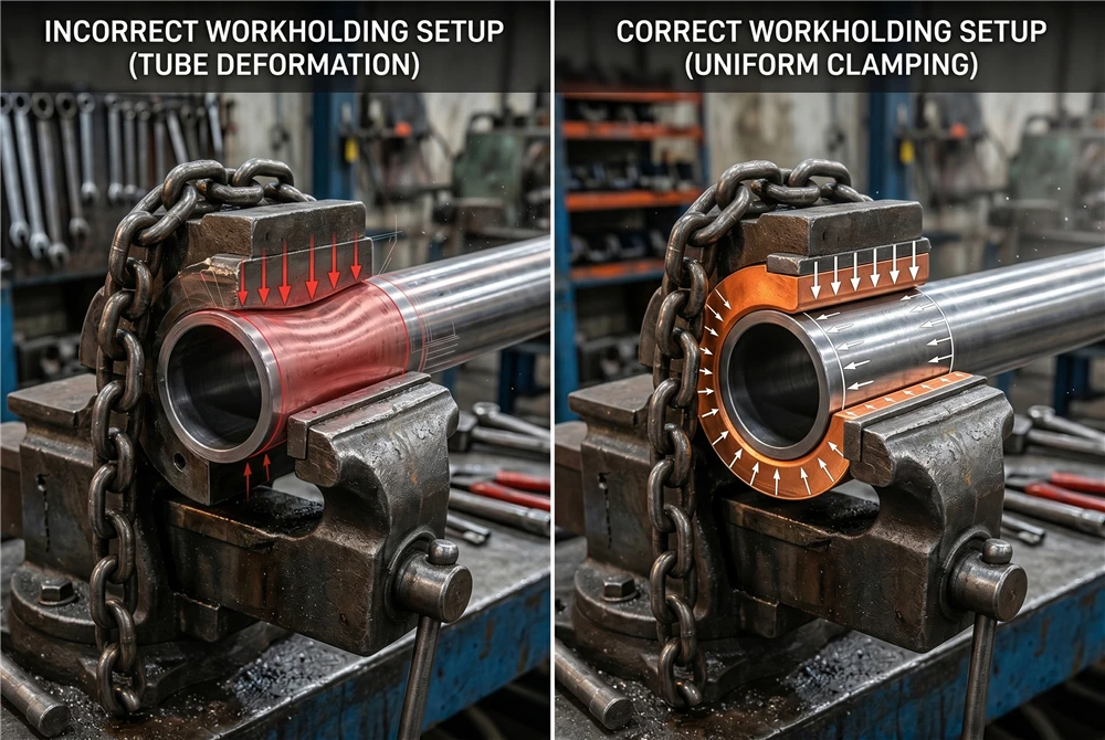 Comparison of incorrect hydraulic cylinder tube clamping causing deformation versus correct uniform clamping using a contoured copper cradle