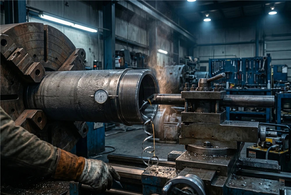 Sacrificial boring operation on a lathe machine cutting away a seized ductile iron gland to save the expensive barrel threads