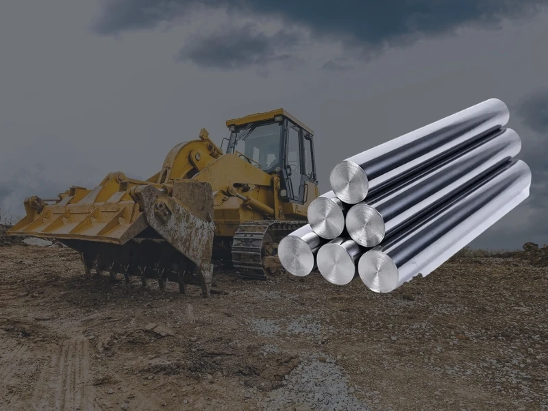 Induction hardened hydraulic rod for heavy excavator cylinders, featuring an HRC 50-60 case hardened layer to resist blunt impacts.
