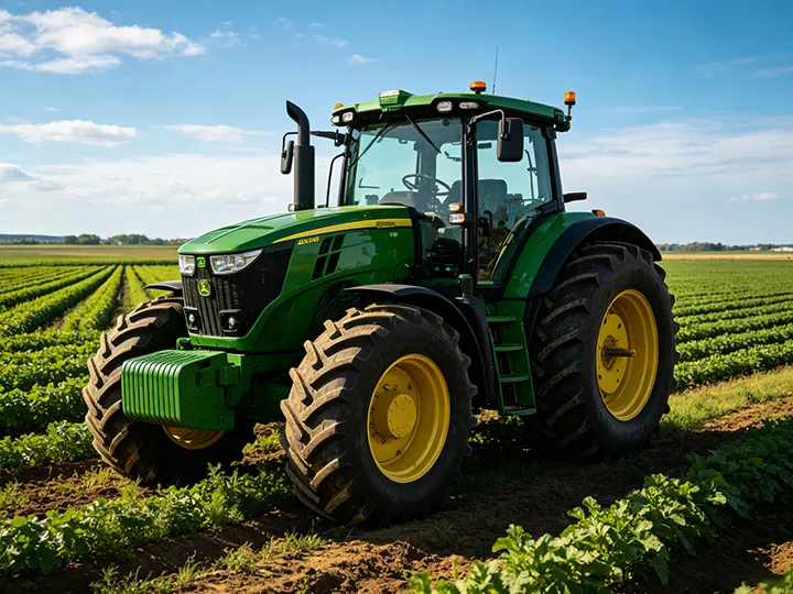 Green agricultural tractor in a field. DREJEX provides custom hydraulic cylinder parts, bushings, and drive shafts for agricultural machinery.