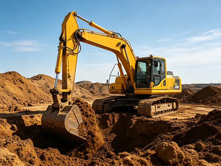 Yellow excavator digging on a construction site. DREJEX manufactures heavy-duty hydraulic cylinder parts, custom bushings, and drive shafts for construction equipment.