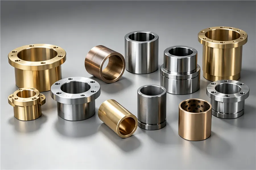 DREJEX Custom hydraulic cylinder parts and precision bushings, featuring brass and silver cylindrical flange sleeves.
