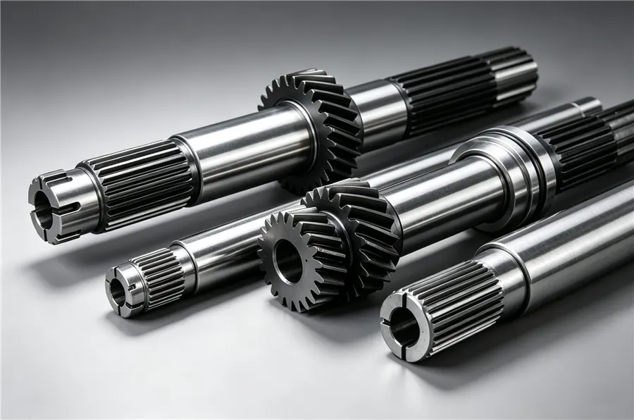 DREJEX Custom heavy-duty transmission drive shafts, featuring spline shafts, helical gear shafts, and stepped metal shafts.