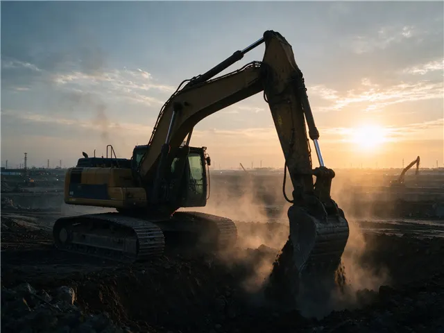 DREJEX custom hydraulic cylinder pistons working in excavator boom and bucket applications on heavy construction sites.