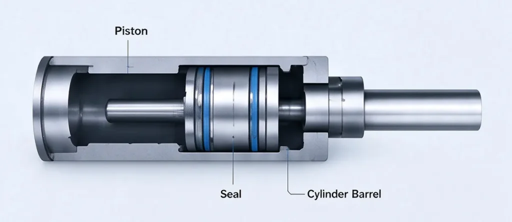 DREJEX Hydraulic cylinder piston and seal assembly diagram, showing piston, seals, and cylinder barrel in cross-section