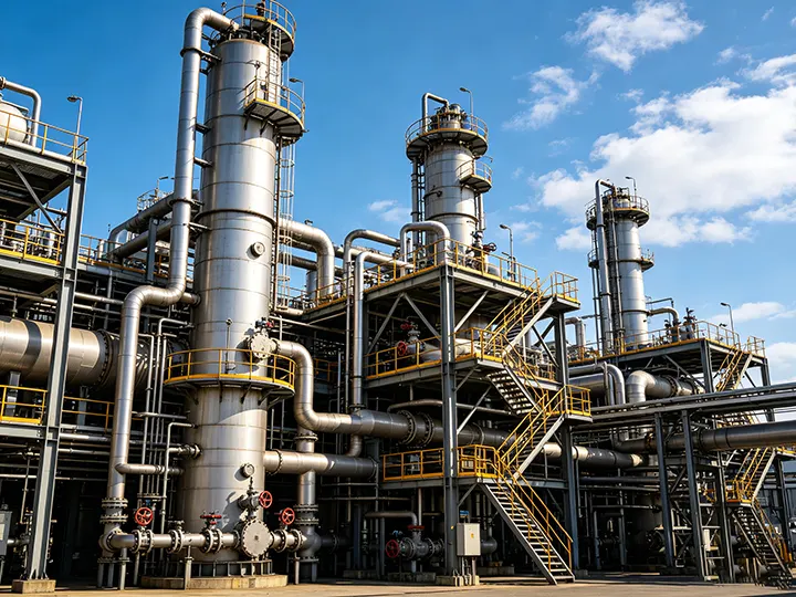 Large industrial chemical plant facility. DREJEX offers precision hydraulic cylinder parts, custom bushings, and drive shafts for complex industrial applications.