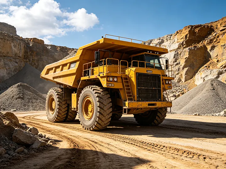 Large yellow mining dump truck operating in a quarry. DREJEX provides hydraulic cylinder parts, custom bushings, and drive shafts for mining equipment.
