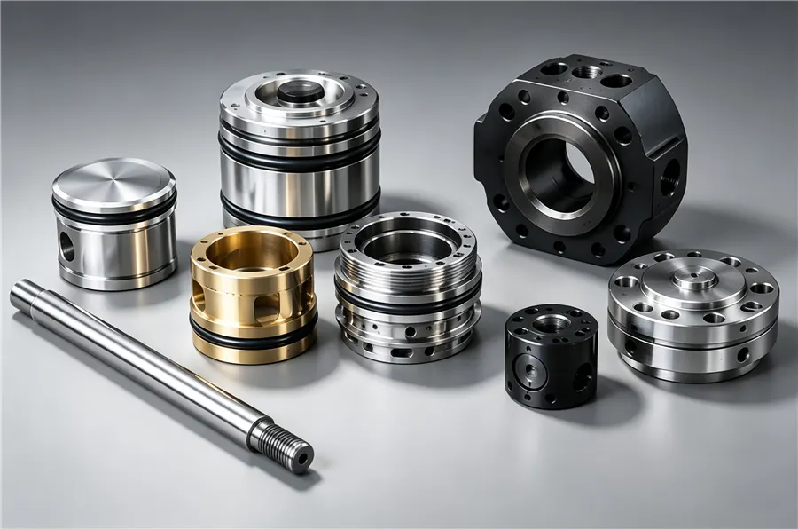 DREJEX Precision machined hydraulic cylinder components and transmission parts, including perforated flanges, threaded rings, and long shafts.