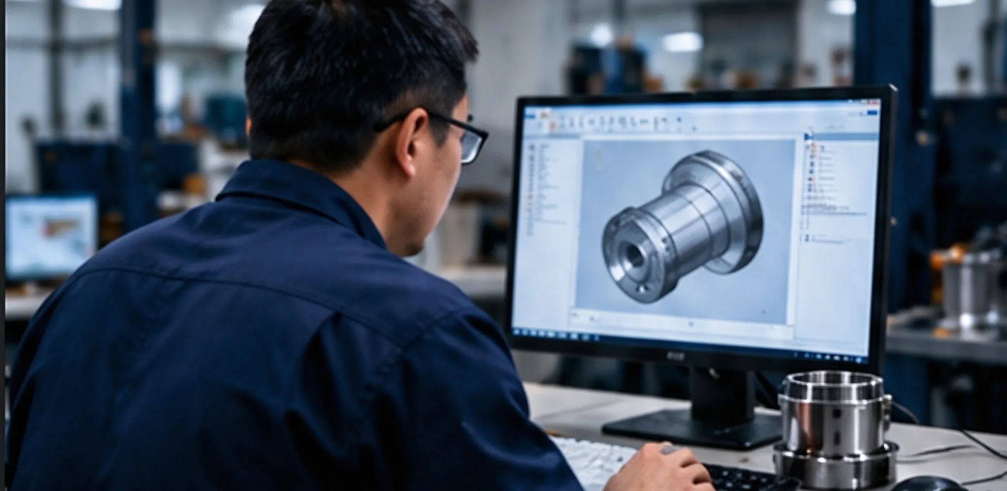 DREJEX Engineer performing reverse engineering and CAD modeling of a custom hydraulic cylinder bushing on a computer screen.