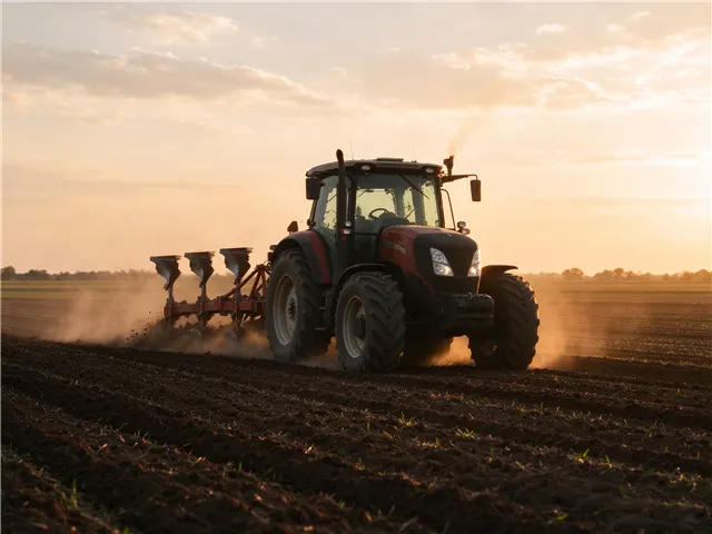 DREJEX replacement hydraulic cylinder pistons for agricultural tractors performing tillage and implement connections at sunset.