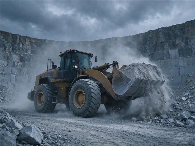 DREJEX heavy-duty hydraulic cylinder pistons used in wheel loaders for steering and articulation in quarry environments.