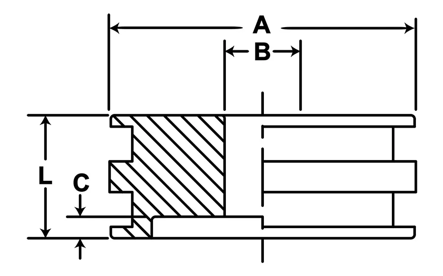 Technical cross-section drawing of a DREJEX custom hydraulic cylinder piston, indicating dimensions A (Overall Length), B (Inner Bore Depth), L (Outer Diameter), and C (Step Depth)