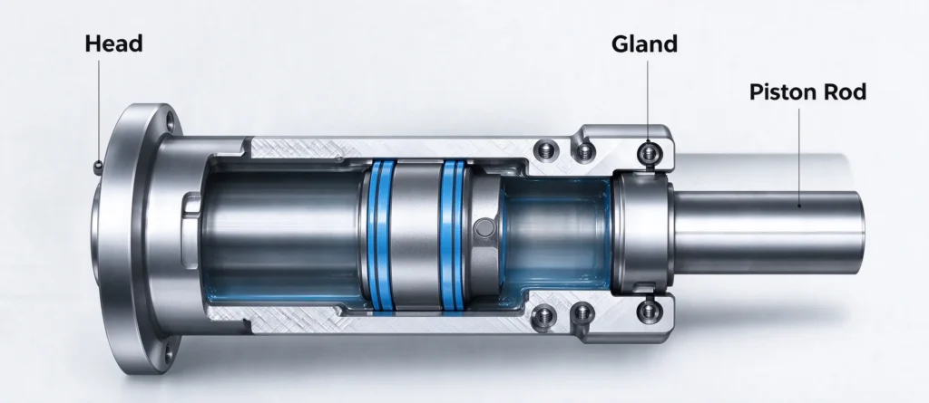 Cutaway cross-section view of hydraulic cylinder, labeled Head, Gland and Piston Rod. Industrial cutaway rendering showing internal seals and cylinder structure.