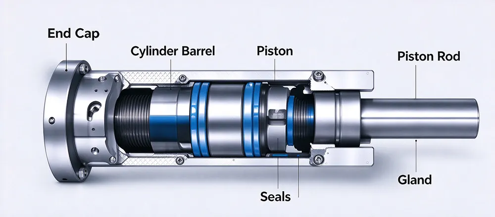 Hydraulic cylinder cutaway view Industrial cross-section diagram of hydraulic cylinder component.