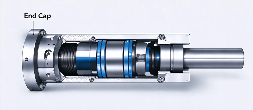 Hydraulic cylinder cutaway view with End Cap label. Industrial cross-section diagram of hydraulic cylinder component.